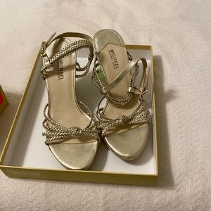 Michael Kors Palm Beach Braided Satin Metallic Silver Sandal Wedge